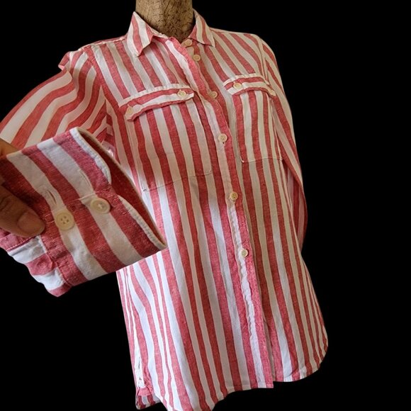 J Crew Linen Red & White Striped Button-Up Long Sleeve Shirt With Chest Pockets - Picture 4 of 11